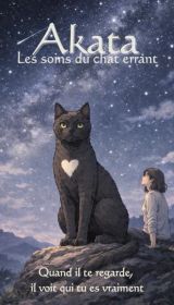 Akata le chat vous regarde. Il a un coeur dans sa fourure. Une femme se trouve en arrière-plan sous un ciel étoilé.