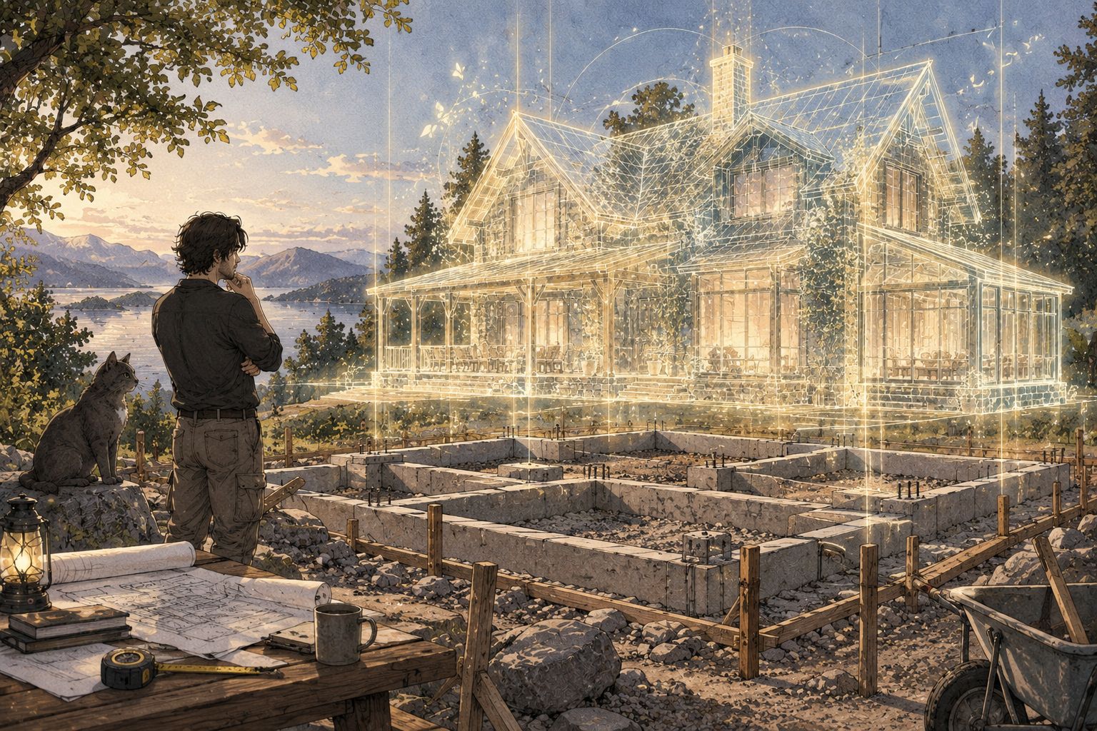 Un mage projette le résultat de la maison en devenir sur le chantier actuel.