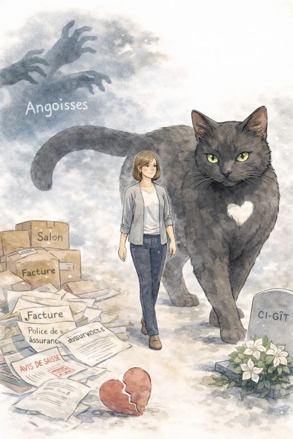Dans sa forme géante, le chat Akata accompagne une dame à travers les obstacles et peurs de sa vie.