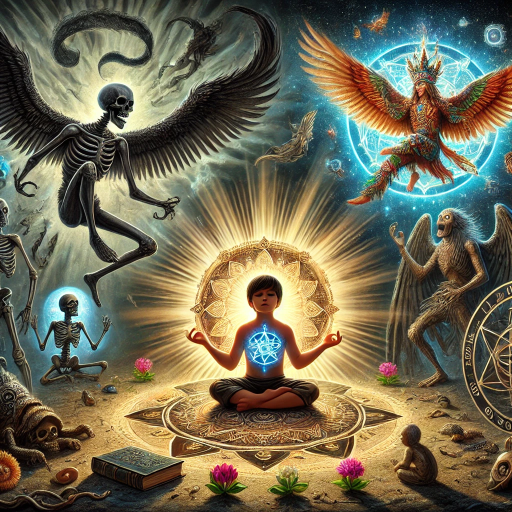 A mystical scene depicting an child's transformation into a shaman through a ritual of meditations. Around the child are many spirits